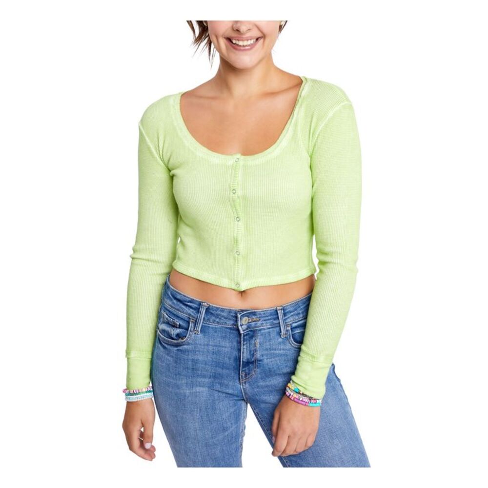 NWT SUNDOWN BY SPLENDID Womens Crop Top Green Thermal Front Trim Juniors L